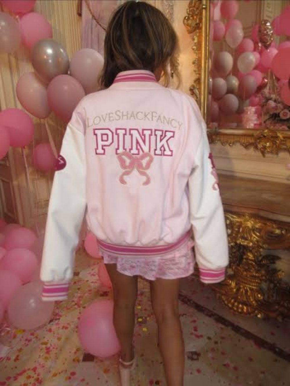 PINK × LoveShackFancy Boyfriend Varsity Jacket Coat Victoria’s Secret Pink Tulip